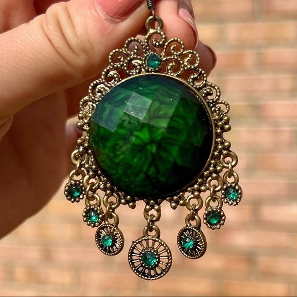 Elaborate Green and Gold Dangle Earrings - Picture 3 of 9